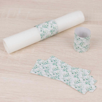 50 Pack White Green Paper Napkin Rings with Eucalyptus Leaves Print, Disposable Napkin Holders Bands - 1.5"