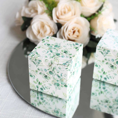 25 Pack White Green Eucalyptus Leaves Print Paper Gift Boxes, Cardstock Party Shower Candy Favor Boxes - 3"x3"x3"