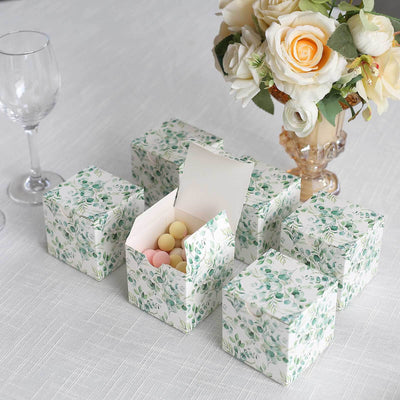 25 Pack White Green Eucalyptus Leaves Print Paper Gift Boxes, Cardstock Party Shower Candy Favor Boxes - 3"x3"x3"