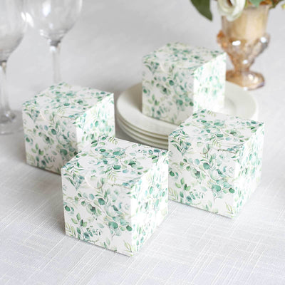 25 Pack White Green Eucalyptus Leaves Print Paper Gift Boxes, Cardstock Party Shower Candy Favor Boxes - 3"x3"x3"