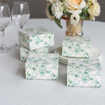 25 Pack White Green Eucalyptus Leaves Print Paper Gift Boxes, Cardstock Party Shower Candy Favor Boxes - 4"x4"x2"