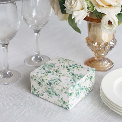 25 Pack White Green Eucalyptus Leaves Print Paper Gift Boxes, Cardstock Party Shower Candy Favor Boxes - 4"x4"x2"