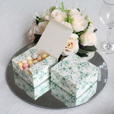 25 Pack White Green Eucalyptus Leaves Print Paper Gift Boxes, Cardstock Party Shower Candy Favor Boxes - 4"x4"x2"