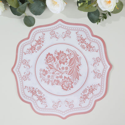 10-Pack Disposable Table Placemats 13" White with Pink Damask Floral Pattern & Scalloped Rim - 400GSM Cardboard Placemats for Classy Events