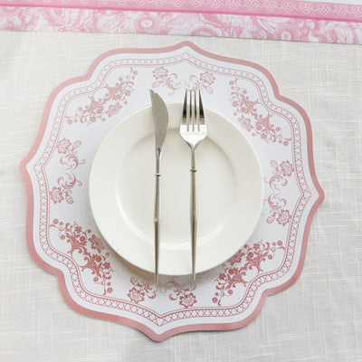 10-Pack Disposable Table Placemats 13" White with Pink Damask Floral Pattern & Scalloped Rim - 400GSM Cardboard Placemats for Classy Events