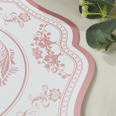 10-Pack Disposable Table Placemats 13" White with Pink Damask Floral Pattern & Scalloped Rim - 400GSM Cardboard Placemats for Classy Events