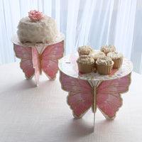 2 Pack White Pink Glitter Butterfly Cake Stands, Floral Print Foam Board Cupcake Dessert Holder Display Stands - 12"