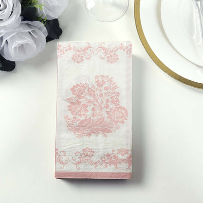 50-Pack Paper Dinner Napkins 2-Ply White with Pink Damask Floral Pattern - Soft and Absorbent Disposable Napkins