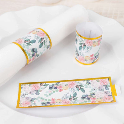 50 Pack Pink Peony Floral Paper Napkin Rings with Gold Edge, Disposable Napkin Holders Bands - 1.5"