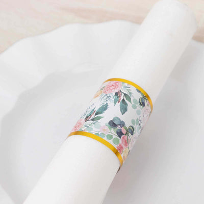 50 Pack Pink Peony Floral Paper Napkin Rings with Gold Edge, Disposable Napkin Holders Bands - 1.5"