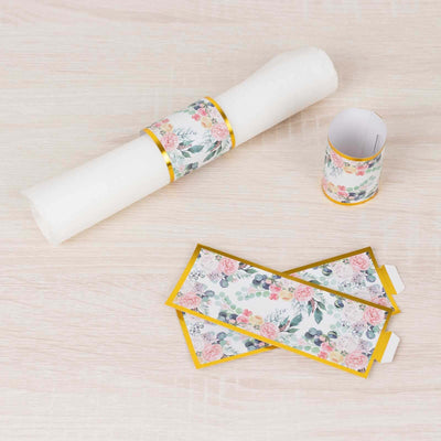 50 Pack Pink Peony Floral Paper Napkin Rings with Gold Edge, Disposable Napkin Holders Bands - 1.5"