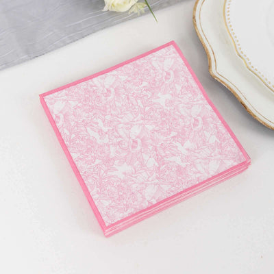 25-Pack Paper Cocktail Napkins 2 Ply White/Pink with French Toile Print 6.25"x6.25" - Soft and Absorbent Disposable Napkins