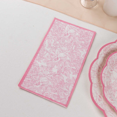 25-Pack Paper Dinner Napkins 2 Ply Pink with French Toile Pattern - Soft and Absorbent Disposable Napkins