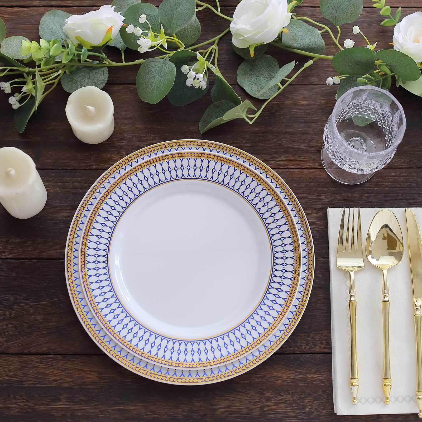 10-Pack White Renaissance Dinner Plates With Gold Navy Blue Rim 9