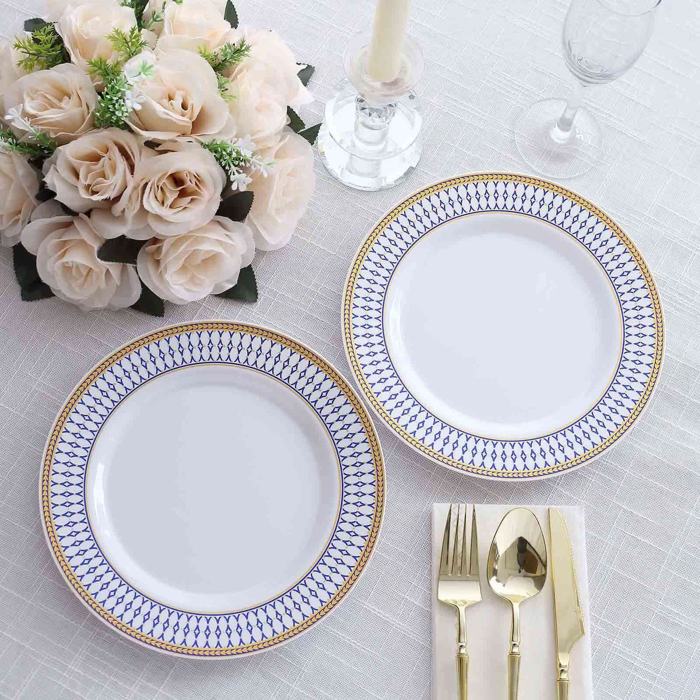 10 Pack White Renaissance Dinner Plates With Gold Navy Blue Rim 9