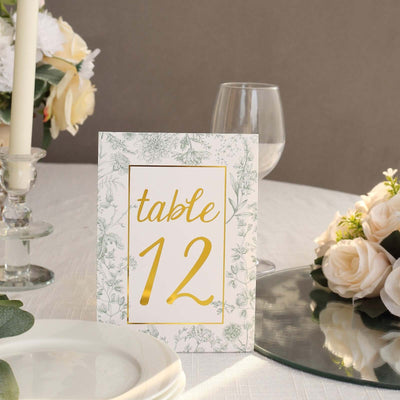 25-Pack Paper Wedding Table Numbers 7" White/Sage Green French Toile