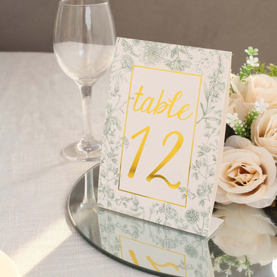25-Pack Paper Wedding Table Numbers 7" White/Sage Green French Toile