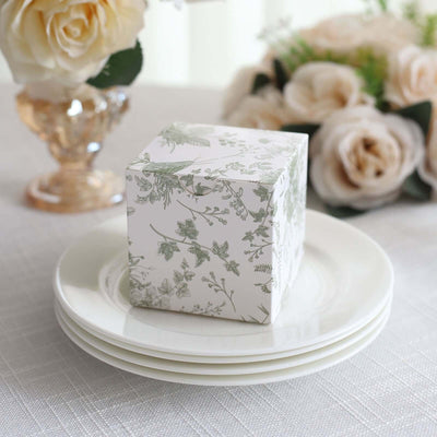 25 Pack White Sage Green Paper Gift Boxes in French Toile Pattern, Cardstock Party Shower Candy Favor Boxes - 3"x3"x3"