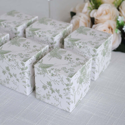 25 Pack White Sage Green Paper Gift Boxes in French Toile Pattern, Cardstock Party Shower Candy Favor Boxes - 3"x3"x3"
