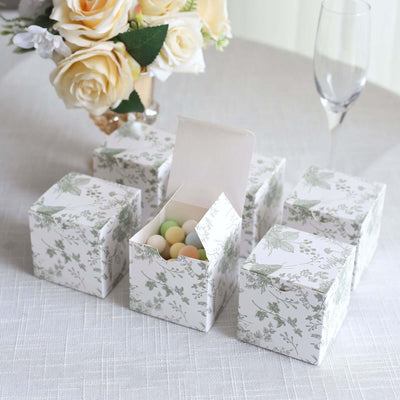 25 Pack White Sage Green Paper Gift Boxes in French Toile Pattern, Cardstock Party Shower Candy Favor Boxes - 3"x3"x3"