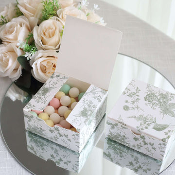 25 Pack White Sage Green Paper Gift Boxes in French Toile Pattern, Cardstock Party Shower Candy Favor Boxes - 4"x4"x2"