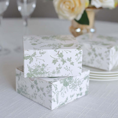25 Pack White Sage Green Paper Gift Boxes in French Toile Pattern, Cardstock Party Shower Candy Favor Boxes - 4"x4"x2"