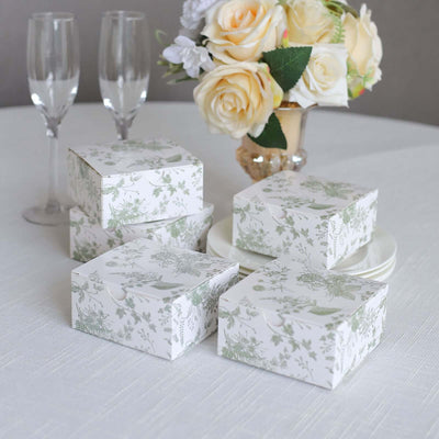 25 Pack White Sage Green Paper Gift Boxes in French Toile Pattern, Cardstock Party Shower Candy Favor Boxes - 4"x4"x2"