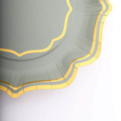 25-Pack Paper Dessert Plates 8" Sage Green with Gold Scallop Rim - 300GSM Disposable Appetizer Salad Plates