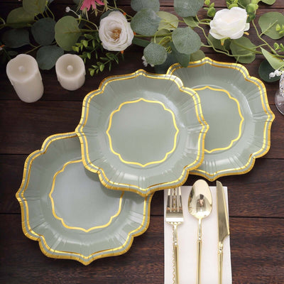 25-Pack Paper Dessert Plates 8" Sage Green with Gold Scallop Rim - 300GSM Disposable Appetizer Salad Plates