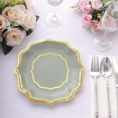 25-Pack Paper Dessert Plates 8" Sage Green with Gold Scallop Rim - 300GSM Disposable Appetizer Salad Plates