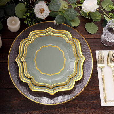 25-Pack Paper Dinner Plates 10" Sage Green with Gold Scallop Rim - 300GSM Disposable Party Plates