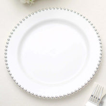 10 Pack White / Silver Beaded Rim Plastic Dinner Plates, Disposable Round Party Plates 10"