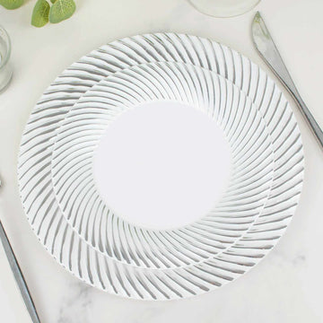 10 Pack White / Silver Swirl Rim Plastic Dessert Appetizer Plates, Round Disposable Salad Plates 7"