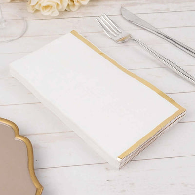 50-Pack Paper Dinner Napkins 2 Ply White with Gold Foil Edge - Soft Disposable Napkins for Events