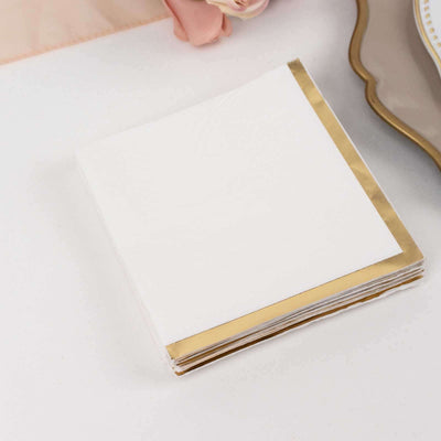 50-Pack Paper Beverage Napkins 2 Ply White with Gold Foil Edge 5"x5" - Soft Disposable Cocktail Napkins 18GSM