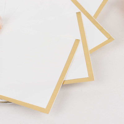 50-Pack Paper Beverage Napkins 2 Ply White with Gold Foil Edge 5"x5" - Soft Disposable Cocktail Napkins 18GSM