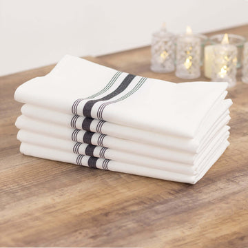 10 Pack White Spun Polyester Bistro Napkins with Black Reverse Stripes, Premium Restaurant Quality Cloth Napkins - 18"x22"