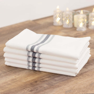 10 Pack White Spun Polyester Bistro Napkins with Gray Reverse Stripes, Premium Restaurant Quality Cloth Napkins - 18"x22"