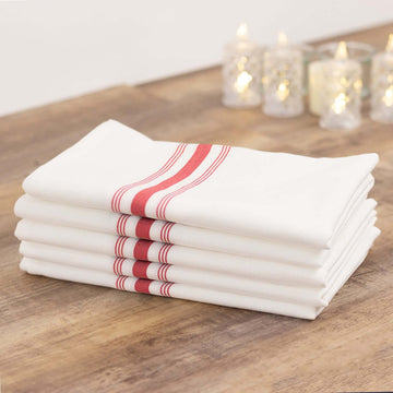 10 Pack White Spun Polyester Bistro Napkins with Red Reverse Stripes, Premium Restaurant Quality Cloth Napkins - 18"x22"