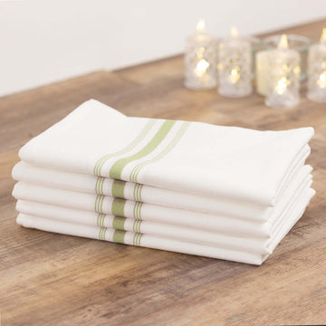 10 Pack White Spun Polyester Bistro Napkins with Sage Green Reverse Stripes, Premium Restaurant Quality Cloth Napkins - 18"x22"