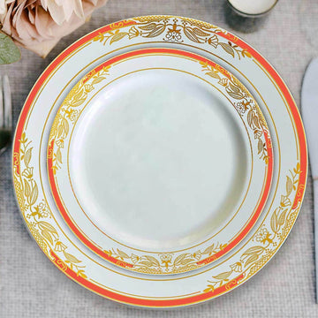 10 Pack White With Red Rim Plastic Appetizer Salad Plates, Round With Gold Vine Design 8"