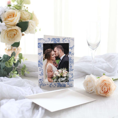 25-Pack White Blue Photo Frame Thank You Cards 3.5"x5.5" French Toile Design with Envelopes - Picture Insert Invitation Cards for Weddings & Events