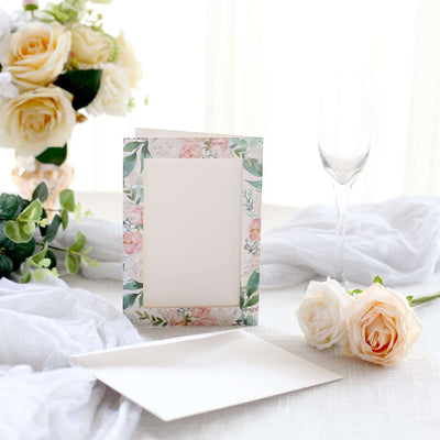 25-Pack White Pink Photo Frame Thank You Cards 7"x5" Peony Floral Design with Envelopes - Picture Insert Invitation Cards for Weddings & Events