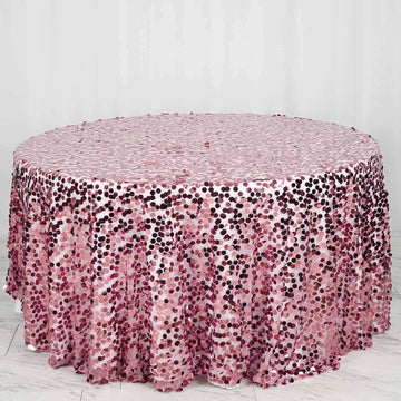 Pink Seamless Big Payette Sequin Round Tablecloth Premium Collection 120" for 5 Foot Table With Floor-Length Drop