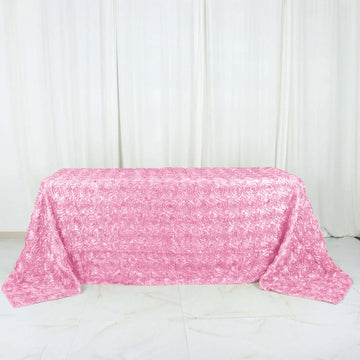 Pink Seamless Grandiose 3D Rosette Satin Rectangle Tablecloth 90"x132" for 6 Foot Table With Floor-Length Drop