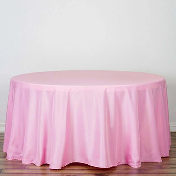 Pink Seamless Polyester Round Tablecloth 120" for 5 Foot Table With Floor-Length Drop