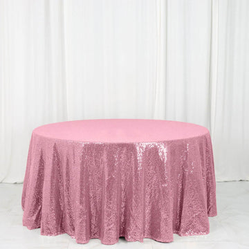 Pink Seamless Premium Sequin Round Tablecloth 120" for 5 Foot Table With Floor-Length Drop