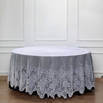 Premium Lace White Round Seamless Tablecloth 120" for 5 Foot Table With Floor-Length Drop