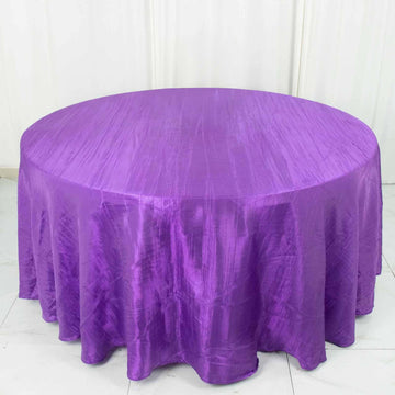 Purple Seamless Accordion Crinkle Taffeta Round Tablecloth 120" for 5 Foot Table With Floor-Length Drop