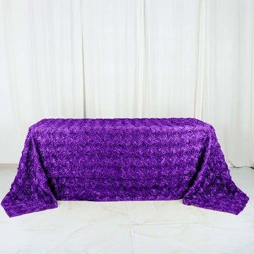 Purple Seamless Grandiose 3D Rosette Satin Rectangle Tablecloth 90"x132" for 6 Foot Table With Floor-Length Drop